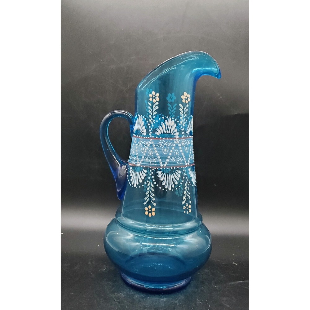 Antique Northwood Glass Hand Painted Enameled Blue Glass Tankard Pitcher 13"